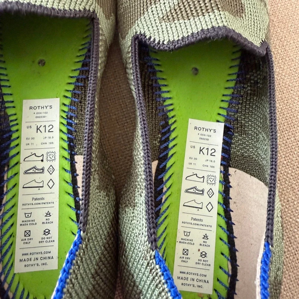 Rothys Kids Loafers Green Camo Knit‎ Slip On Shoes Size K12 004-102